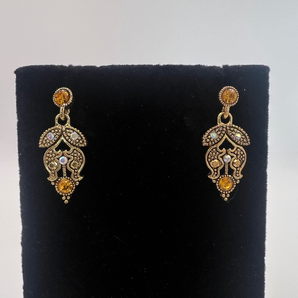 Vintage Style Gold Tone Amber Rhinestone AB Crystal Drop Earrings Post Back